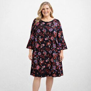 Sangria Womens Dark Floral Shift Dress Size 20W Bell Sleeve Boho Artsy Colorful